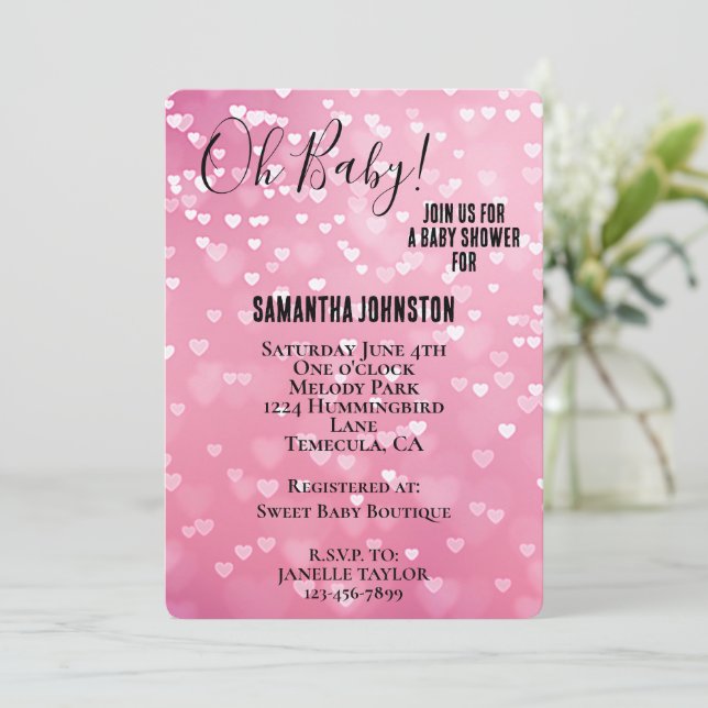 Pink White Hearts Baby Shower  Invitation (Standing Front)