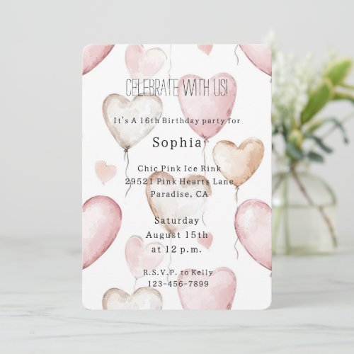 Pink White Hearts Balloons Birthday   Invitation
