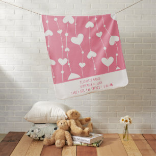 Pink White Hearts Birth Stats Baby Girl Blanket