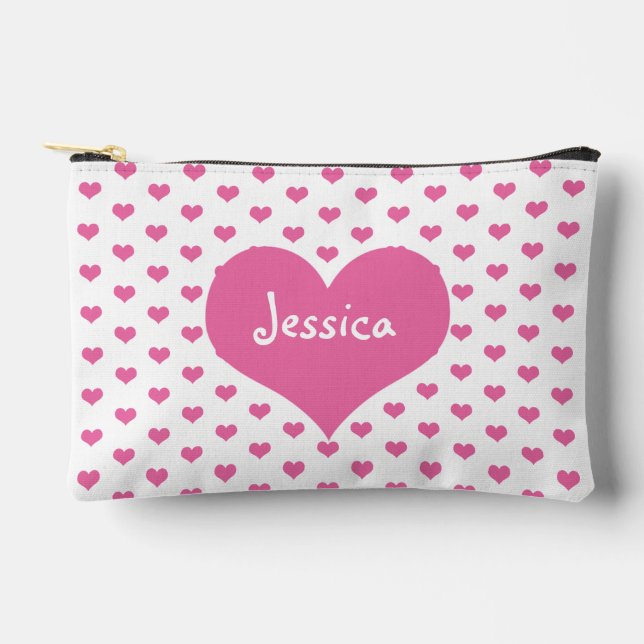 Pink White Hearts Cute Personalized Girly Name  Accessory Pouch (Front)