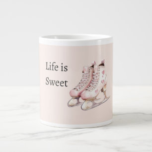 Pink White Hearts Ice Skates Life is Sweet Giant Coffee Mug