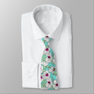 Pink & White Hibiscus Tropical Vibe Floral Pattern Neck Tie
