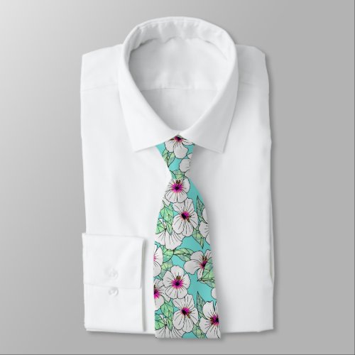 Pink  White Hibiscus Tropical Vibe Floral Pattern Neck Tie
