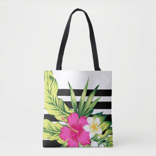 Pink  White Hibiscus With Black Stripes Tote Bag