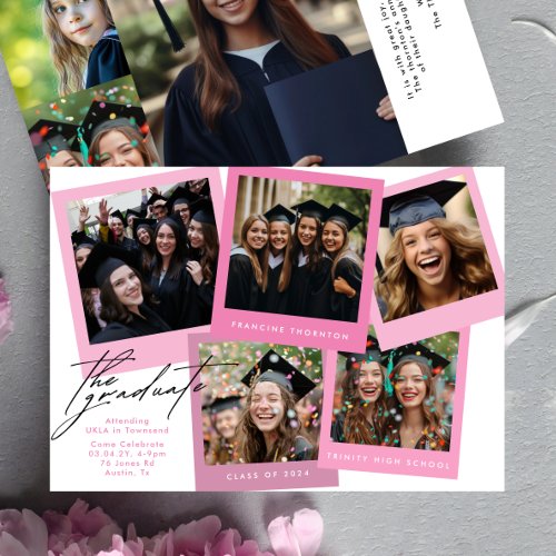 Pink White High School COLLAGE Photo Graduation Announcement