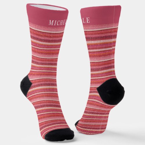 Pink White Horizontal  Lines Striped Custom Name  Socks