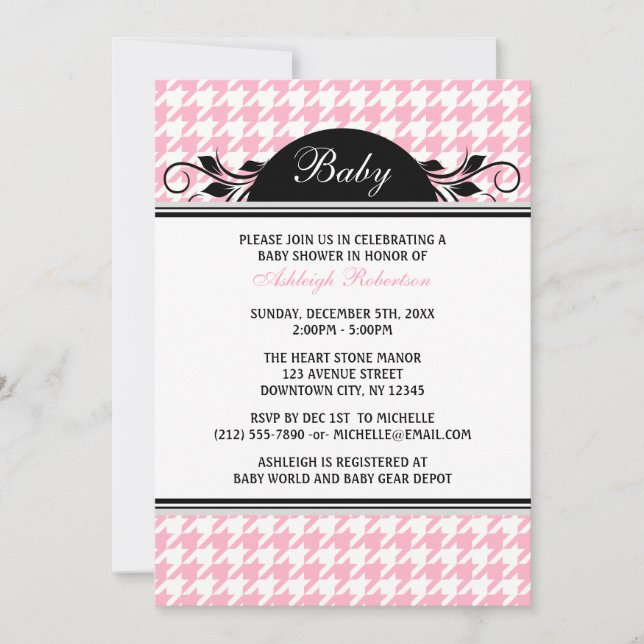 Pink & White Houndstooth Baby Shower Invitations (Front)