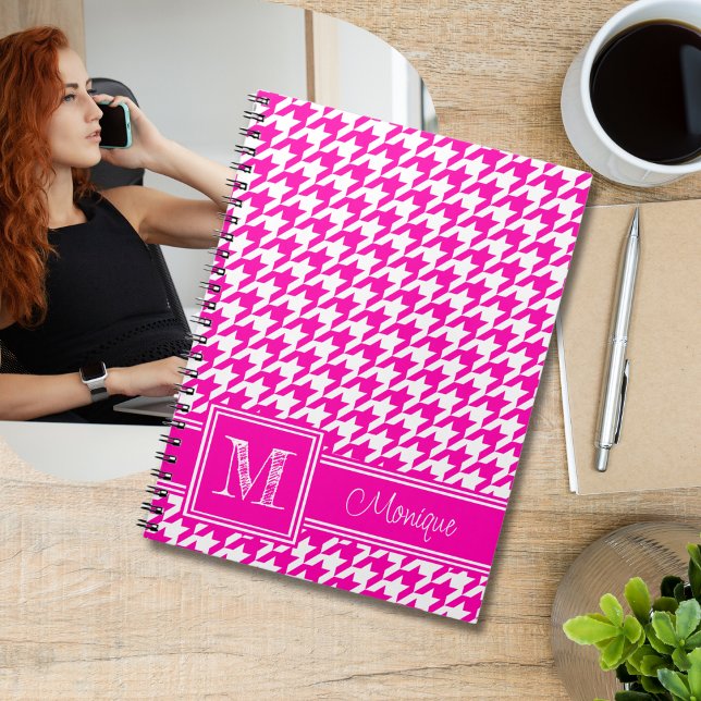 Pink White Houndstooth | Modern Monogram Notebook (Creator Uploaded)