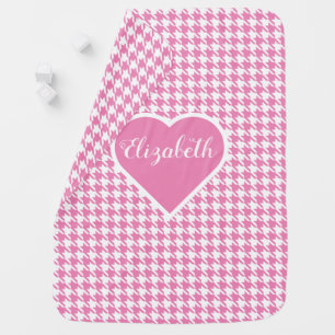 Pink & White Houndstooth Pattern with Heart Baby Blanket