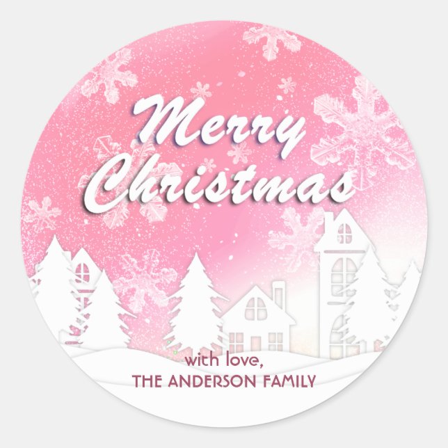 Pink White House Snowflakes Xmas Happy New Year  Classic Round Sticker (Front)