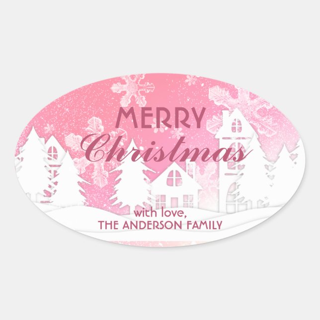 Pink White House Snowflakes Xmas Happy New Year Oval Sticker (Front)