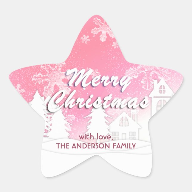 Pink White House Snowflakes Xmas Happy New Year Star Sticker (Front)