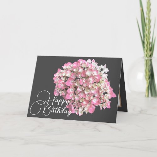 PinkWhite Hydrangea Gray Backdrop Happy Birthday Card