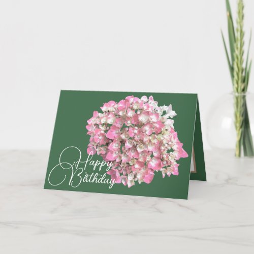 PinkWhite Hydrangea Green Backdrop Happy Birthday Card