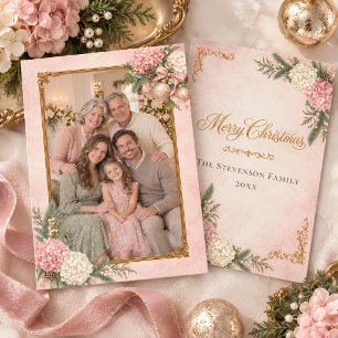 Pink & White Hydrangea Heirloom Photo Christmas Holiday Card