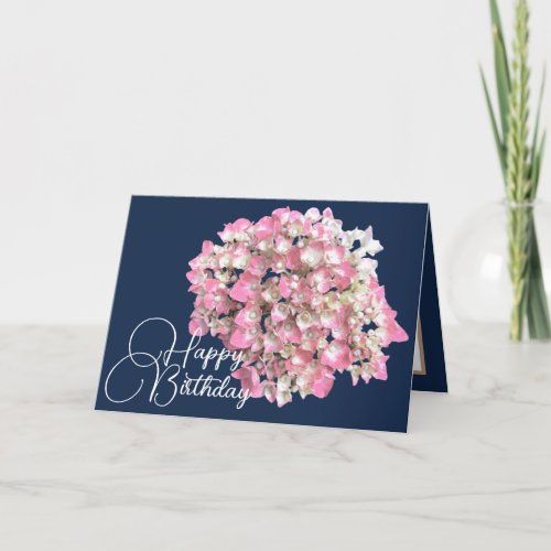 PinkWhite Hydrangea Navy Backdrop Happy Birthday Card