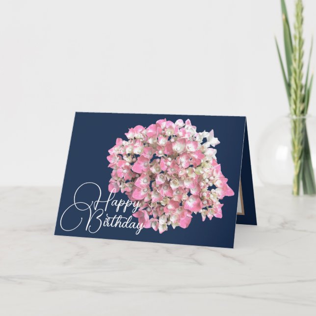 Pink/White Hydrangea Navy Backdrop Happy Birthday Card (Front)