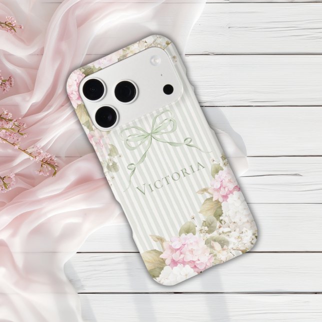 Pink White Hydrangeas Sage Green iPhone Case (Creator Uploaded)