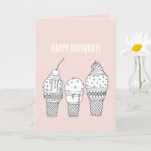 Pink White Ice Cream Cones Birthday Card