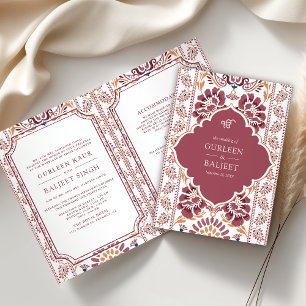 Pink White Ikat All in One Sikh Wedding Invitation