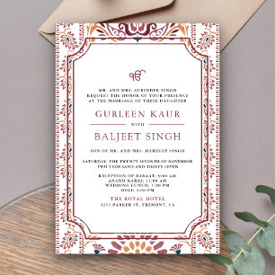 Pink White Ikat Anand Karaj Sikh Wedding Invitation
