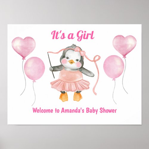Pink White Its a Girl Baby Shower Penguin Welcome Poster