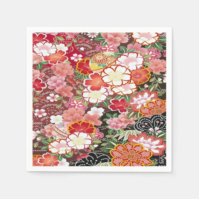 Pink White Japanese Kimono Floral Decoupage Paper Napkins (Front)