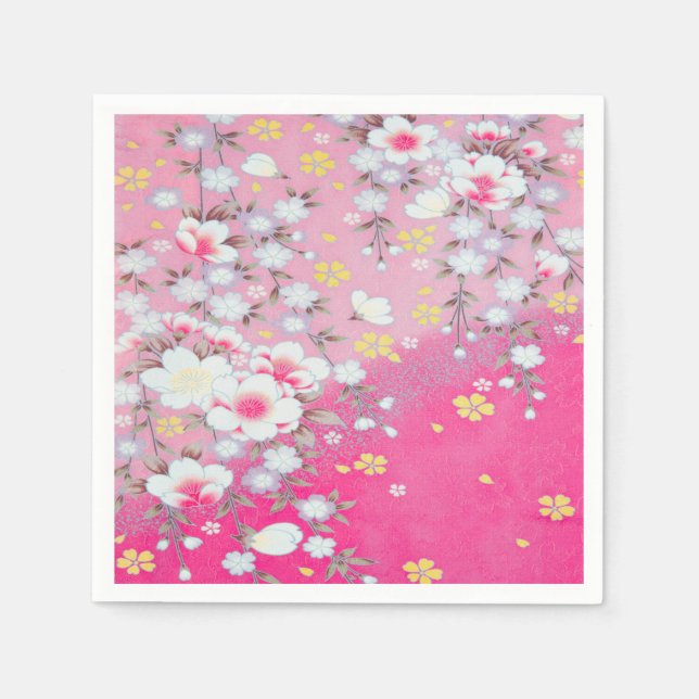 Pink White Japanese Kimono Floral Decoupage Paper Napkins (Front)