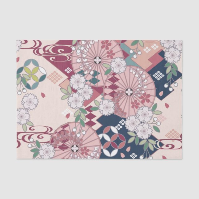 Pink White Japanese Kimono Floral Decoupage Tissue Paper (Front)