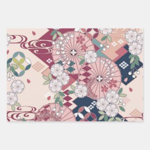 Pink White Japanese Kimono Floral Decoupage Wrapping Paper Sheets