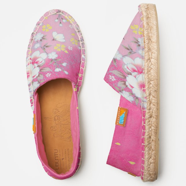 Pink White Japanese Kimono Floral Flower Womens Espadrilles (Side)