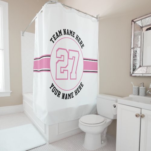 Pink white jersey number team player name sports shower curtain