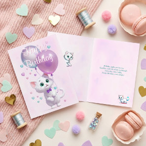Pink White Kitten with Balloons Birthday Card