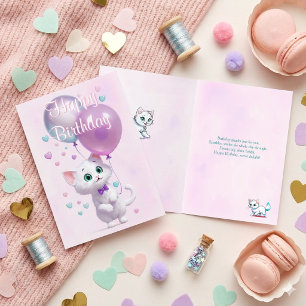 Pink White Kitten with Balloons Birthday Card