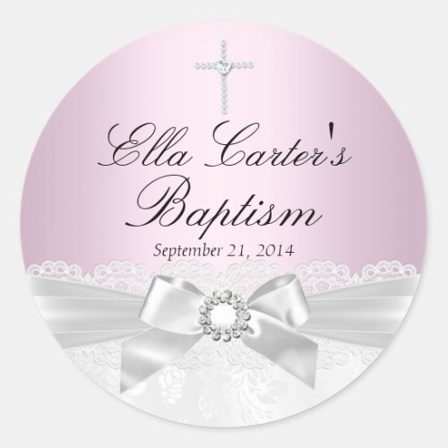 Pink White Lace  Cross Baptism Sticker