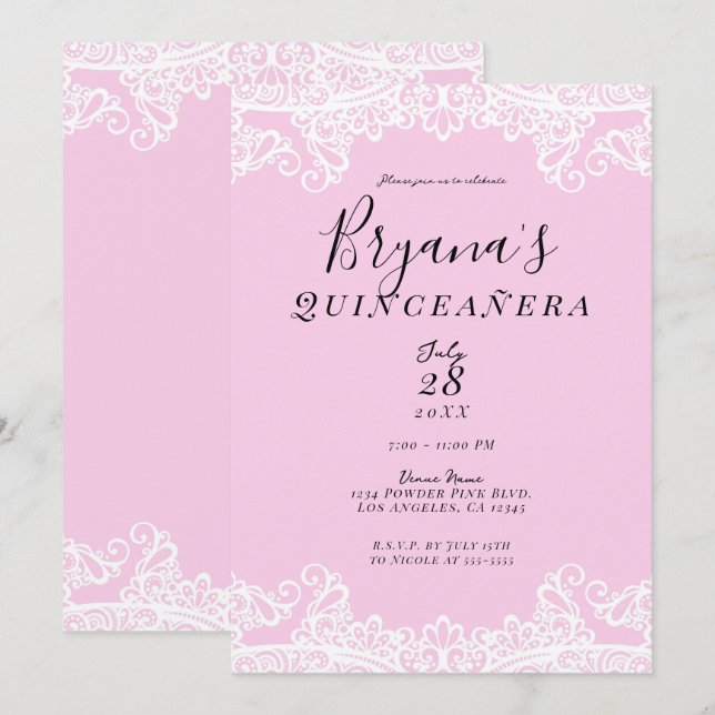 Pink & White Lace Elegant Quinceañera   Invitation (Front/Back)
