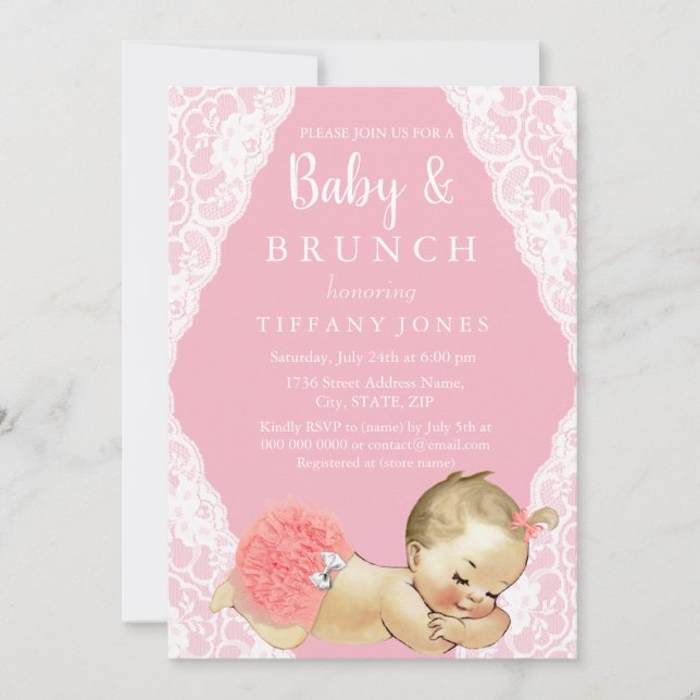 Pink White Lace Vintage Baby Shower Brunch Invite (Front)
