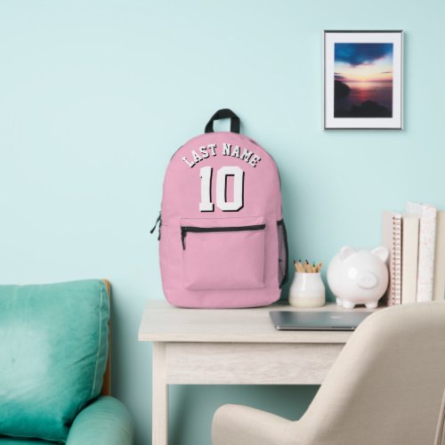 Pink White Last Name Sports Jersey Number Printed Backpack