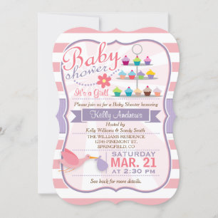 Pink, White, & Lavender Purple Stork Baby Shower Invitation
