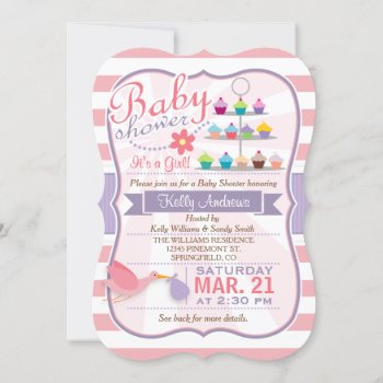 Pink  White  & Lavender Purple Stork Baby Shower Invitation by Card_Stop at Zazzle