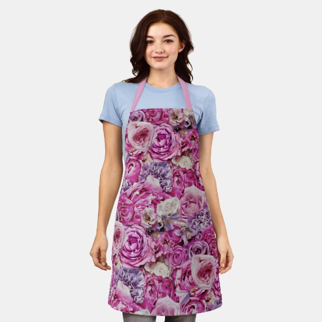Pink White Lavender Rose Flowers Pattern Apron (Worn)