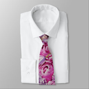 Pink White Lavender Rose Flowers Pattern Neck Tie