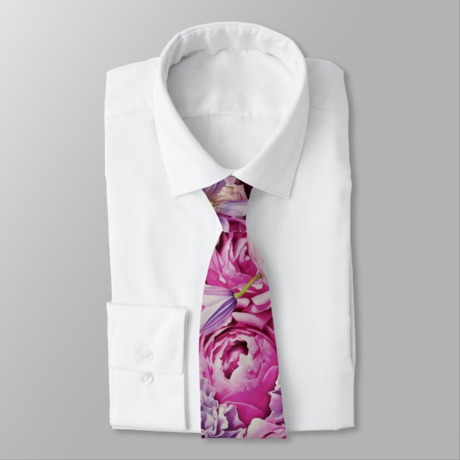 Pink White Lavender Rose Flowers Pattern Neck Tie (Tied)