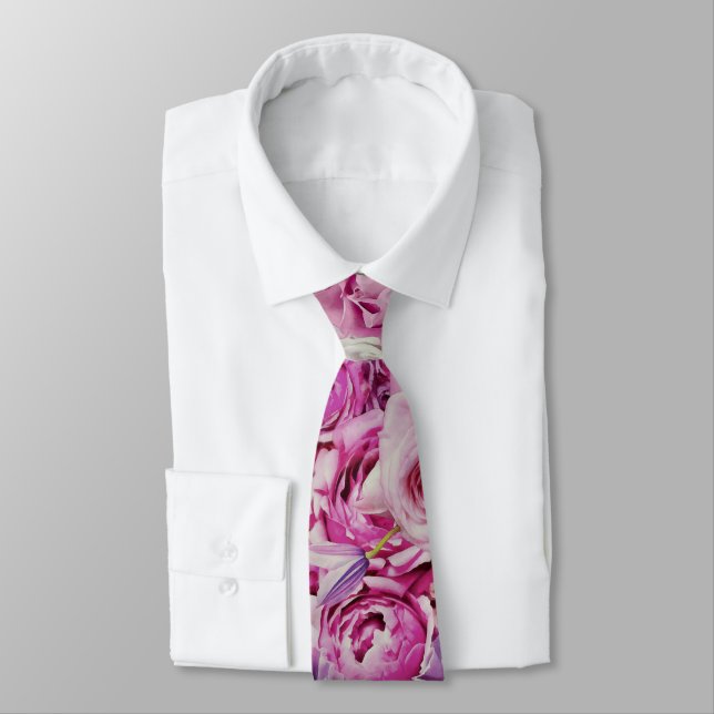 Pink White Lavender Rose Flowers Pattern Neck Tie (Tied)