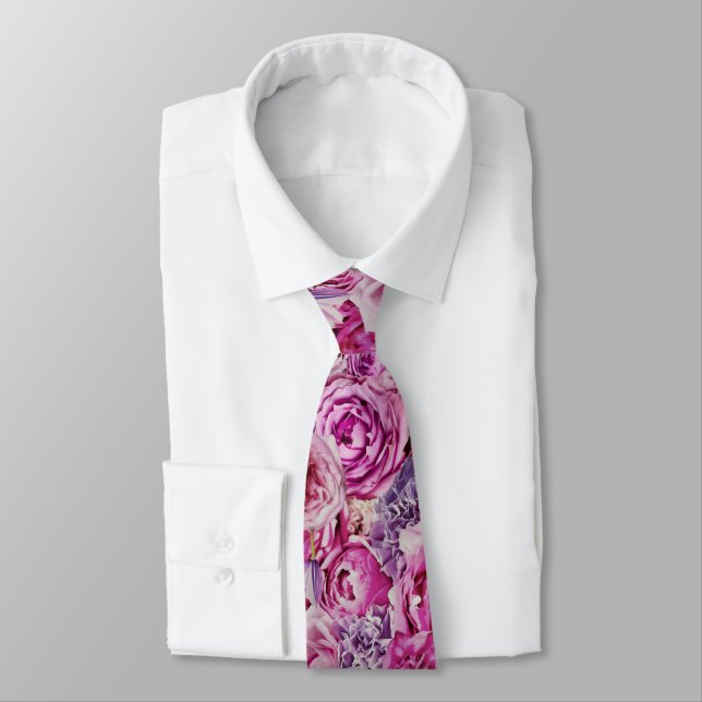 Pink White Lavender Rose Flowers Pattern Neck Tie (Tied)