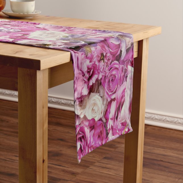 Pink White Lavender Rose Flowers Pattern Short Table Runner (In Situ)