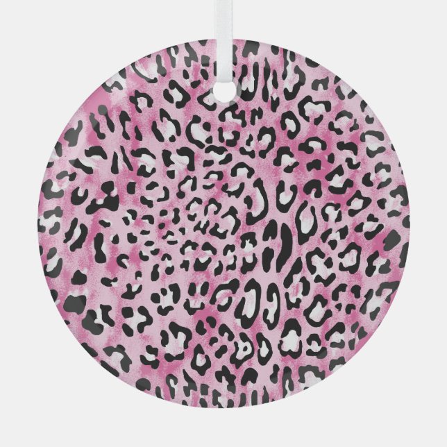 Pink White Leopard Pattern. Glass Ornament (Front)