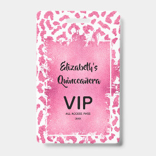 Pink White Leopard Quinceañera Invite VIP Pass Badge