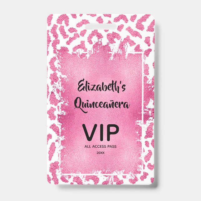 Pink White Leopard Quinceañera Invite VIP Pass Badge (Front)
