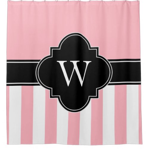 Pink White LG Stripe 1ICBR Black Monogram Shower Curtain
